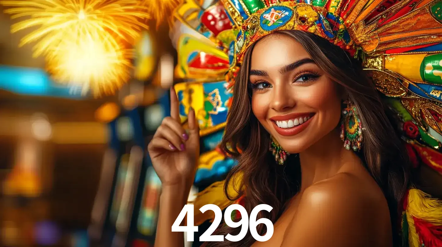 Mulher sorridente com um cocar de carnaval vibrante e colorido, celebrando uma grande vitória nos jogos do cassino 4296 com fogos de artifício ao fundo.