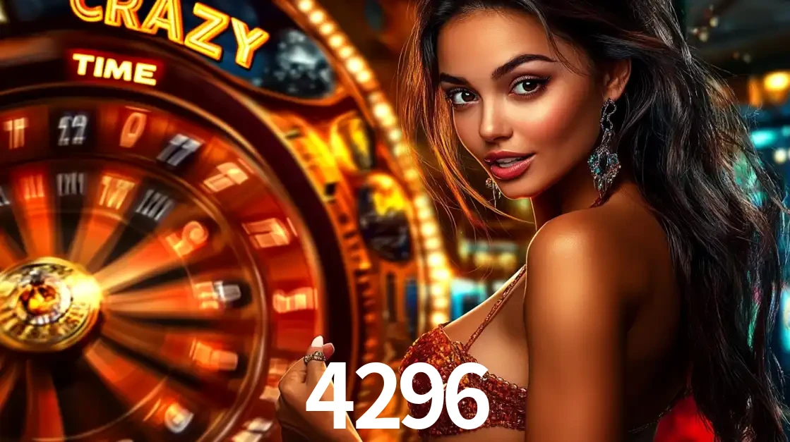 Mulher ao lado da roda de prêmios do jogo de cassino ao vivo Crazy Time, um dos shows de jogos mais emocionantes oferecidos pela plataforma de apostas 4296.