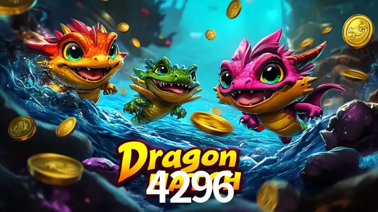 Arte promocional do jogo Dragon Hatch com três adoráveis dragões bebês nadando entre moedas de ouro, um dos slots mais divertidos para jogar no cassino 4296.