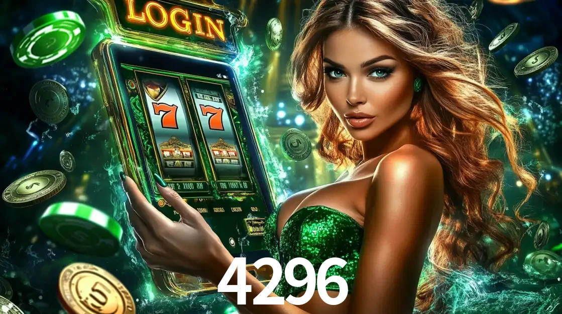 Mulher com tema verde apresentando o aplicativo do cassino 4296 com um jogo de slot de 777, cercada por fichas de cassino e uma aura de sorte.