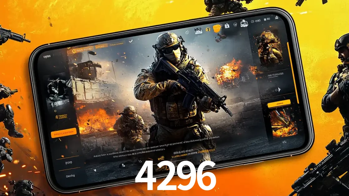 Um smartphone exibindo a interface de um jogo de tiro em primeira pessoa, com um soldado em um cenário de batalha, representando a ação dos e-sports para apostar no 4296.
