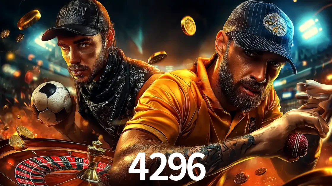 Montagem de apostas esportivas e cassino no 4296, com um homem segurando uma bola de futebol e outro uma de beisebol sobre uma roleta e moedas voadoras.
