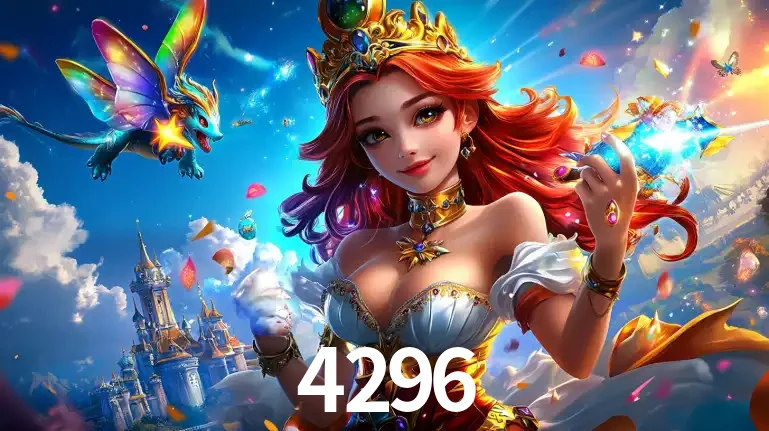 A princesa de um reino de fantasia mágico, com seu pequeno dragão, apresentando um mundo de prêmios encantados nos jogos de caça-níqueis do cassino 4296.