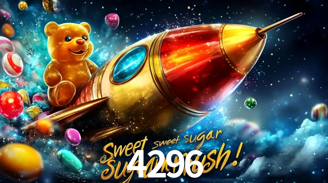 Arte promocional do jogo de slot Sugar Rush, com um urso de pelúcia em um foguete viajando pelo espaço de doces, um dos jogos divertidos disponíveis no cassino 4296.