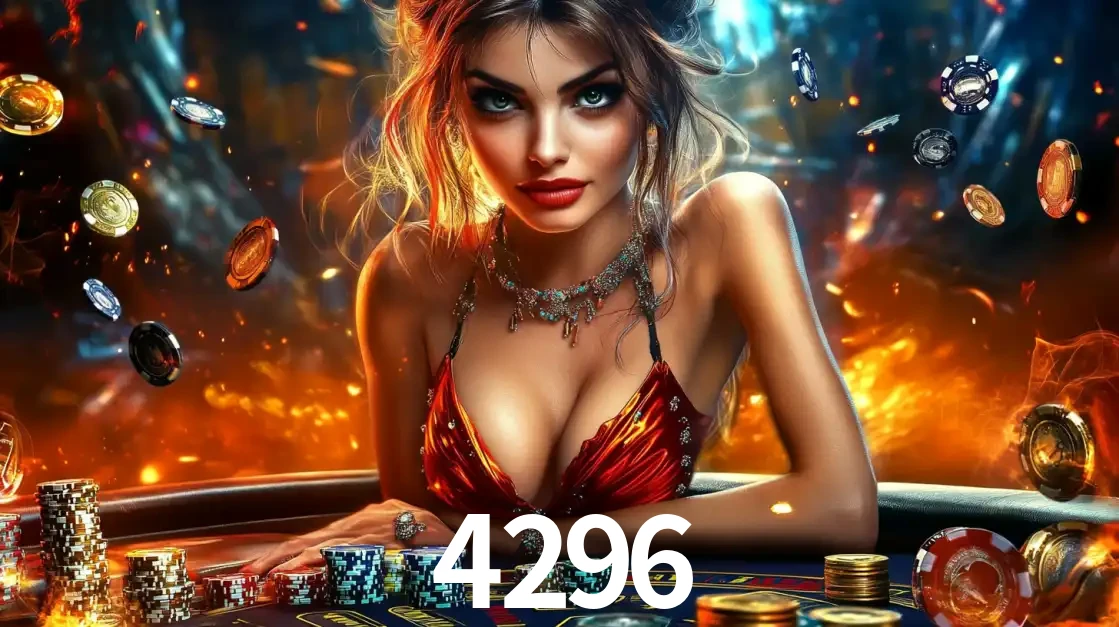 Mulher em uma mesa de cassino com pilhas de fichas e um fundo de fogo, pronta para uma rodada de altas apostas nos jogos de mesa emocionantes do cassino 4296.