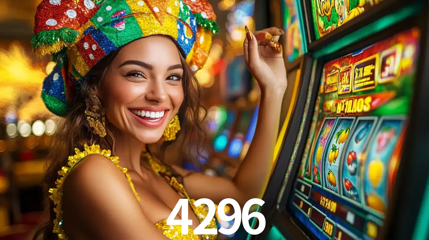 Mulher feliz com traje de carnaval amarelo e colorido ao lado de uma máquina de caça-níqueis, aproveitando a diversão e os jogos temáticos do cassino 4296.