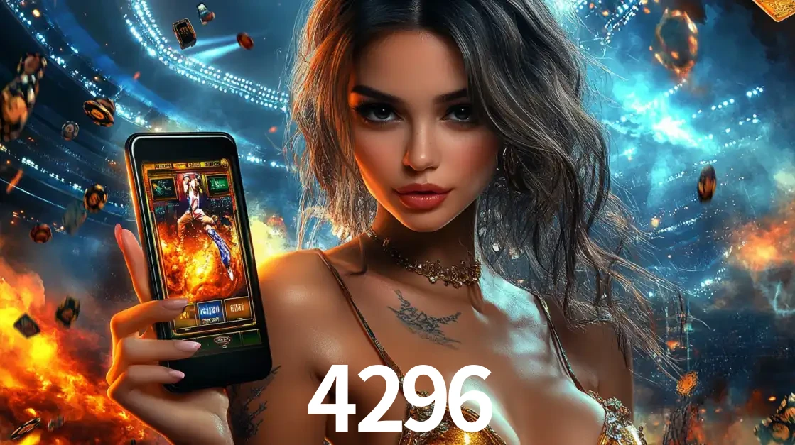 Mulher segurando um celular com um jogo de slot em destaque, tendo como fundo um estádio vibrante, simbolizando a emoção de jogar no cassino móvel 4296.