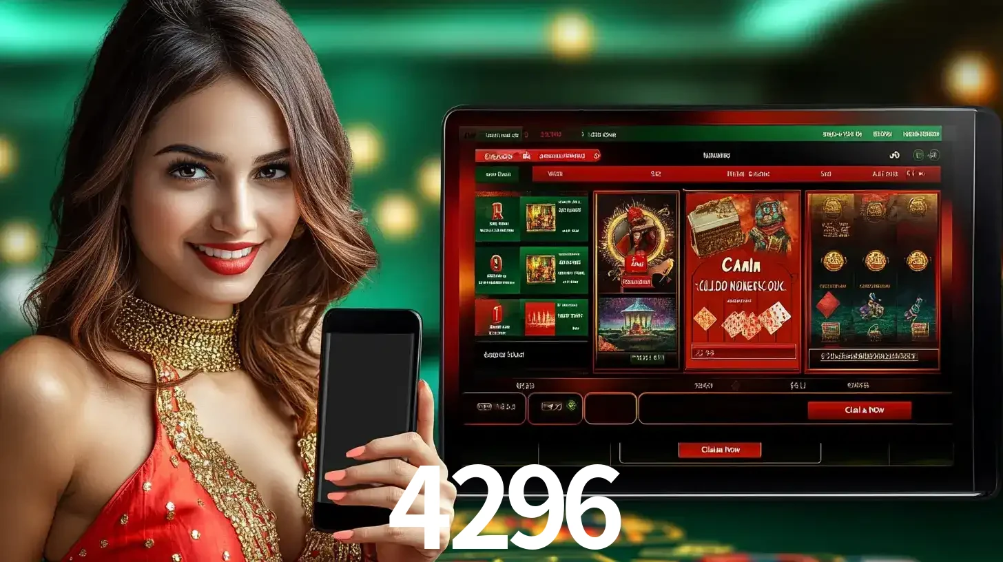 Mulher sorridente segurando um smartphone, ao lado de uma tela exibindo o lobby de jogos do cassino online 4296, com várias opções de jogos de cartas e slots.